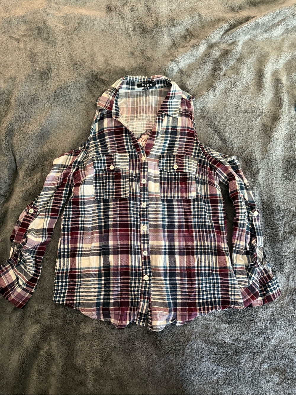 Hype Burgundy, Navy & White Plaid Cold-Shoulder Shirt